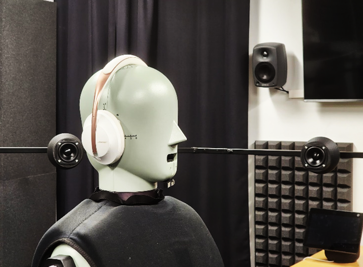 Side view of a HATS mannequin for audio testing